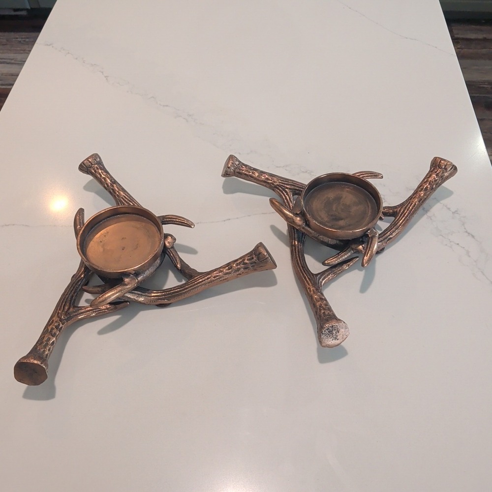 2 - Rustic Metal Dual Branch Antler Candle Holder 3.5" Pillar